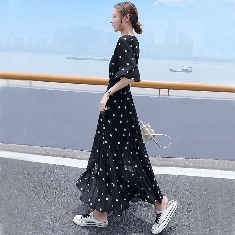 2024新款雪纺波点连衣裙女夏新款法式收腰显瘦碎花中长款蛋糕裙