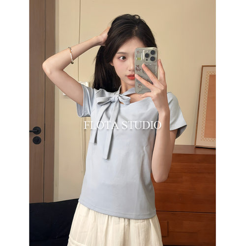 【flota】纯色简约蝴蝶结飘带短袖T恤女正肩显瘦设计感上衣