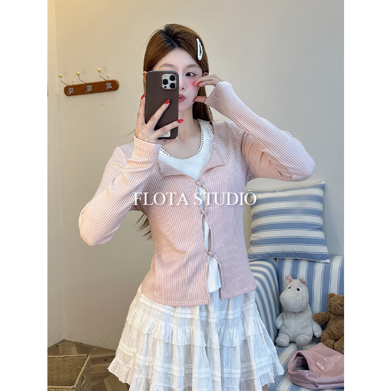 【flota】假两件长袖针织衫女秋冬季正肩小个子修身显瘦上衣