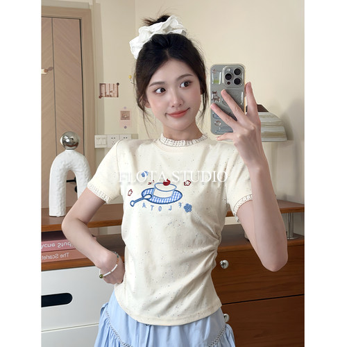 【flota】彩虹波点甜美小蛋糕立体刺绣短袖T恤女蕾丝小众上衣1441