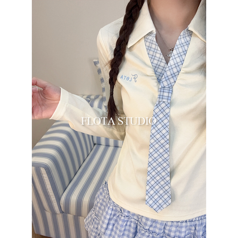 【flota】减龄学院风格纹领带设计长袖T恤女甜美直筒百搭上衣