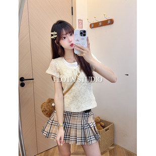 正肩假两件短袖 法式 T恤女立体蝴蝶结绑带欧若风上衣 flota