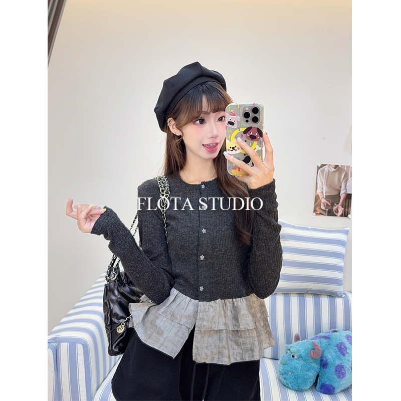 【flota】气质小香风长袖打底针织拼接提花下摆秋冬内搭外穿上衣