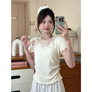 T恤女纯欲抽褶小香风别致上衣 立体珍珠网纱花朵短袖 flota