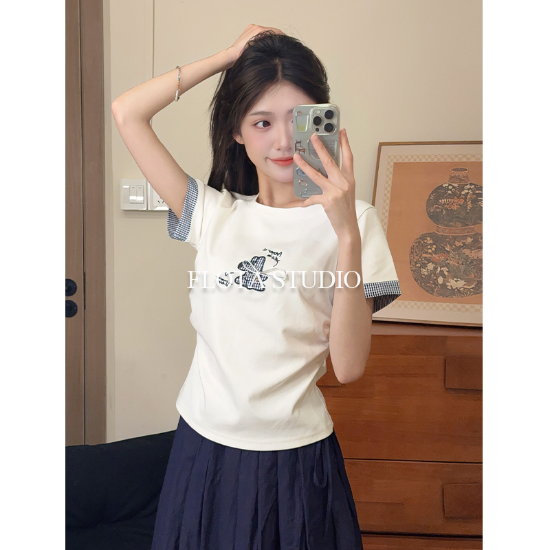 【flota】格纹拼接小狗短袖T恤女小个子蝴蝶结捏褶收腰百搭上衣