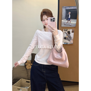 【flota】斜肩粉色条纹假两件拼接长袖T恤女显瘦百搭韩系上衣