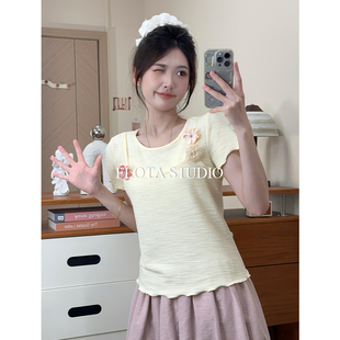 T恤女立体花花创意别针可拆卸上衣 温柔吊带假两件短袖 flota