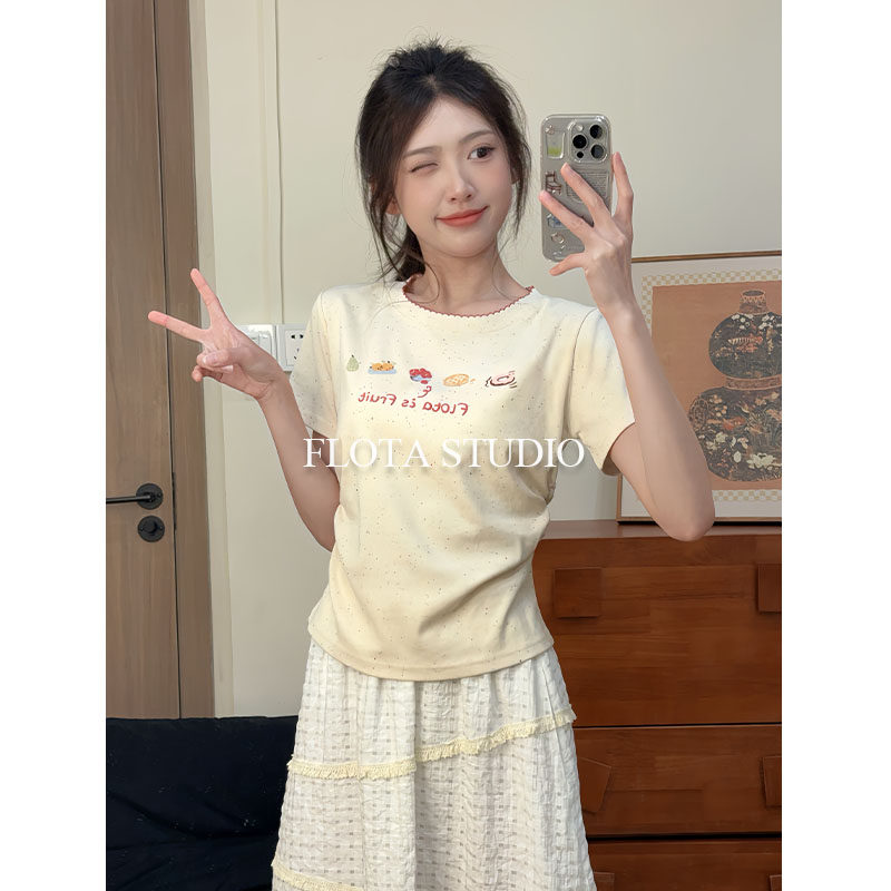 【flota】发泡感菠萝包彩虹波点短袖T恤女收腰短款百搭上衣