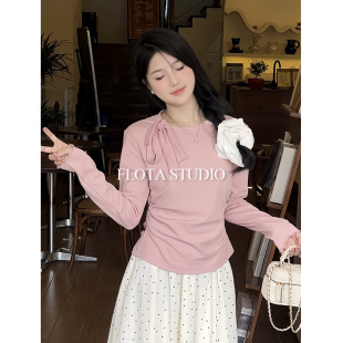【flota】设计感飘带蝴蝶结小众长袖T恤女卷边袖口百搭上衣1841