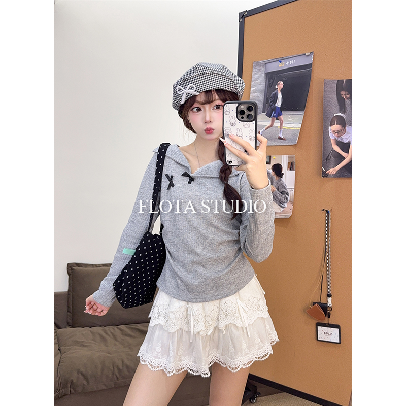 【flota】翻领新中式斜边蝴蝶结长袖针织女气质温柔显瘦上衣