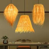 创意藤编吊灯手工编织圆形鸟巢草帽个性 田园饭店饭厅休闲农场竹编