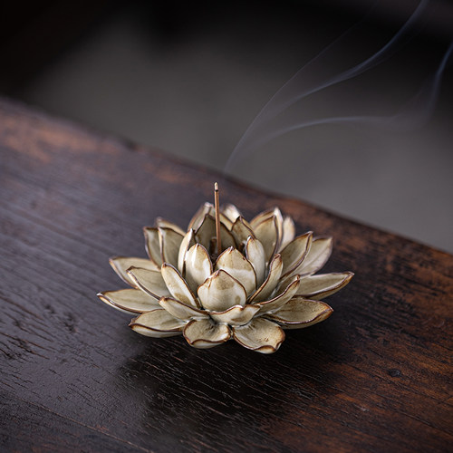 手工莲花香插窑变香炉茶桌摆件