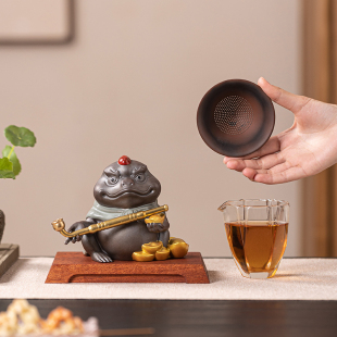招财金蟾茶宠摆件家用室内镇宅三足蟾蜍茶漏茶器茶具配件哥窑摆件