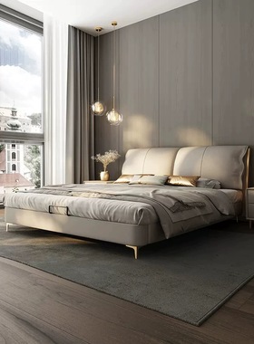 CBD轻奢大床真皮床主卧双人床大象耳朵极简羽绒软包现代1.8米2米