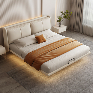 CBD真皮悬浮床网红极简软包婚床轻奢现代简约奶油风小户型主卧悬