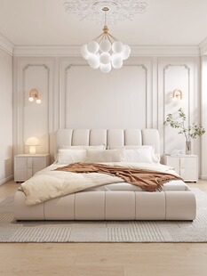 CBD奶油风布艺现代简约网红主卧悬浮软包轻奢北欧软体床家用高端