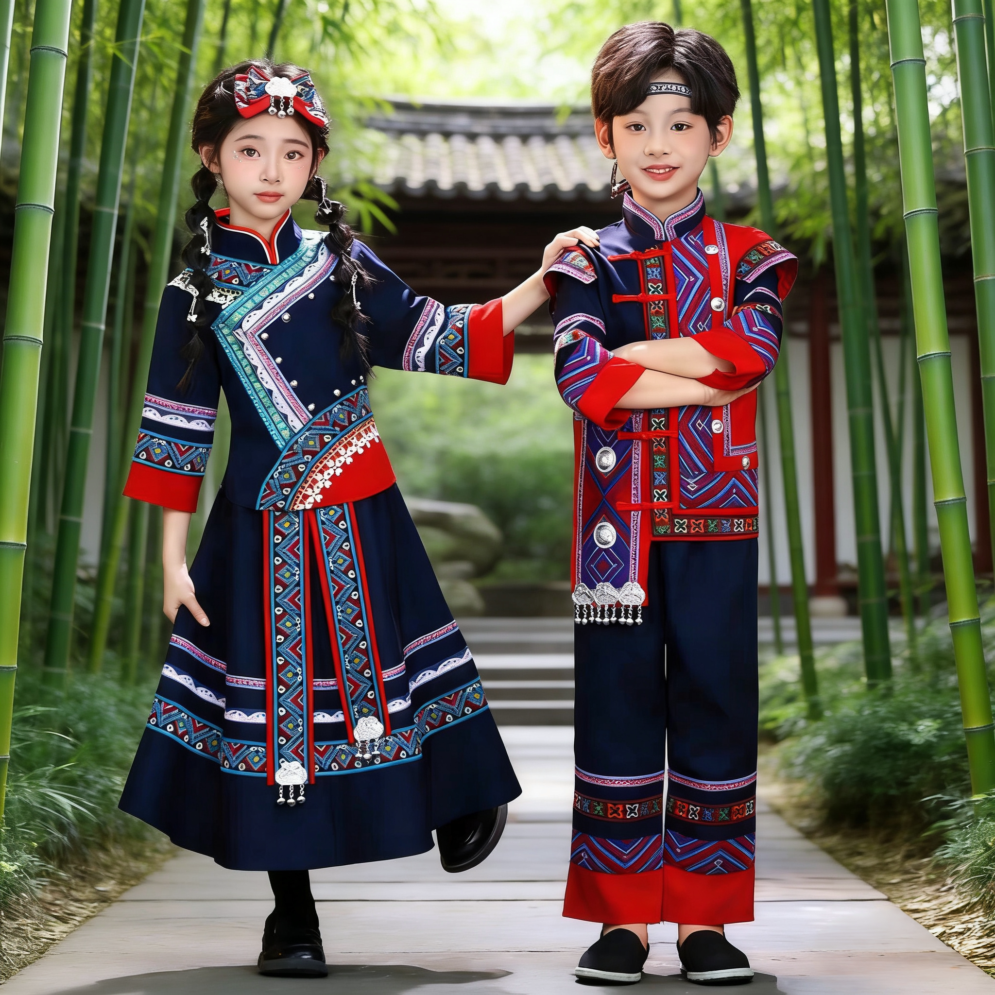 广西壮族三月三儿童民族服装男女童少数民族苗族彝族土家族舞蹈服