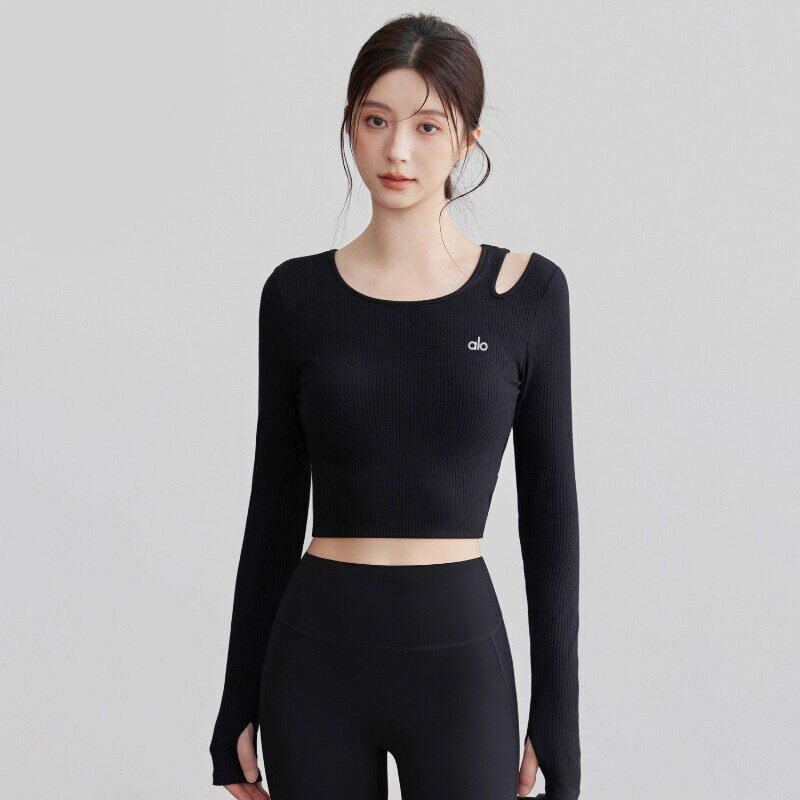 AIo瑜伽服春季运动上衣带胸垫显瘦速干长袖防晒健身训练服普拉提