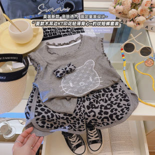 套装 儿童莫代尔飞袖 卡通热裤 夏季 A类女童二件套批发 蝴蝶结短袖