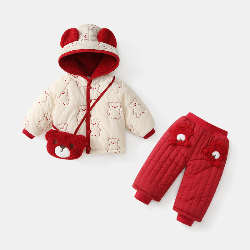 冬季婴幼儿夹棉外套套装宝宝加厚棉服裤子两件套可爱简约儿童