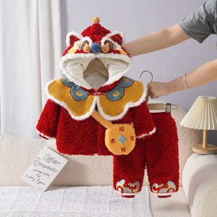 女宝宝拜年冬装婴幼童国风醒狮套装喜庆红色保暖加厚四件套带小包