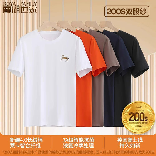 霞湖世家200支高支棉马刺绣t恤液氨丝光7A抑菌凉感圆领短袖043