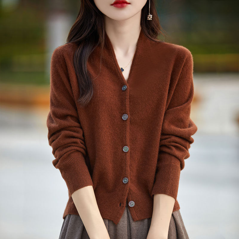 100纯羊毛开衫V领纯色简约复古慵懒百搭针织开衫上衣女