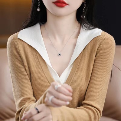 春季精纺羊毛开衫女V领爆款外套修身显瘦假两件长袖外穿上衣