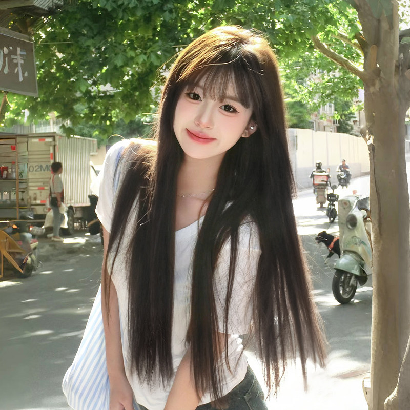 假发女长发一刀切棕色长直发圆脸lolita自然全头套黑长直假发
