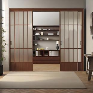 法式复古胡桃木厨房三联动推拉门卧室阳台隔断中古风吊轨玻璃移门