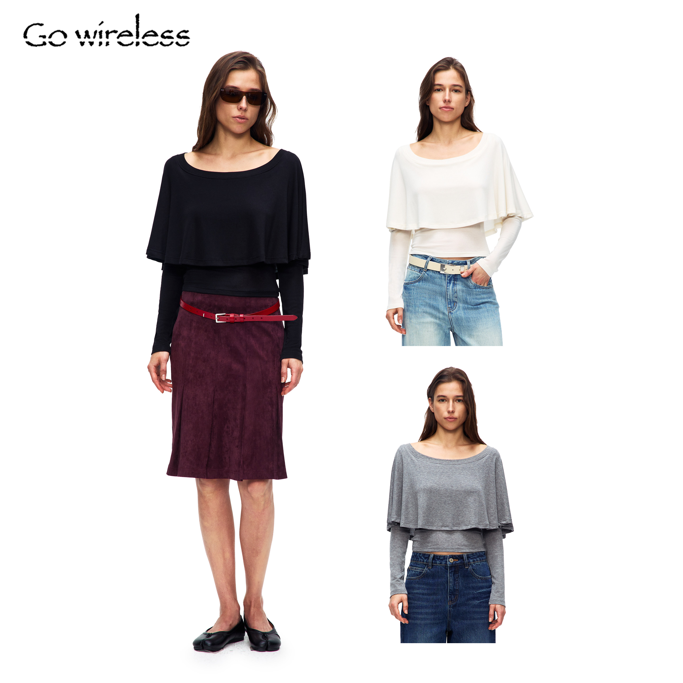Gowireless 天丝羊毛 斗篷式假两件 船领可斜肩 长袖打底衫T恤