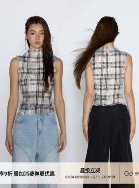 Gowireless「格格不入」半高领无袖褶皱修身格纹背心