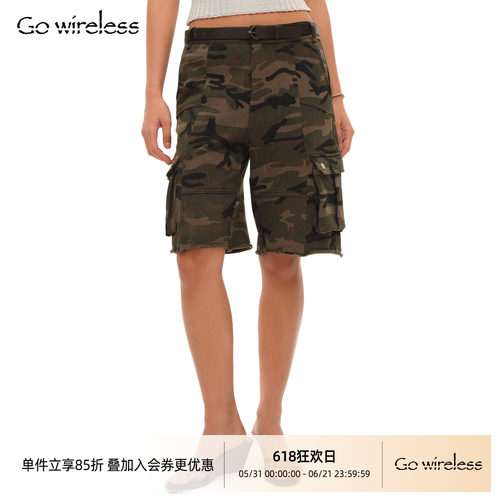 Gowireless 纯棉卷边 迷彩印花  工装休闲 松紧腰 五分短裤宽松
