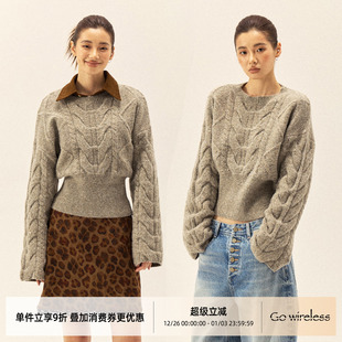 收腰茶麻花套头毛衣针织衫 Gowireless 定位直筒袖 定纺纹路 杂灰