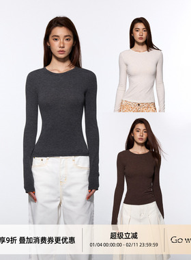 Gowireless 多色基础羊毛桑蚕丝修身圆领正肩打底长袖T恤