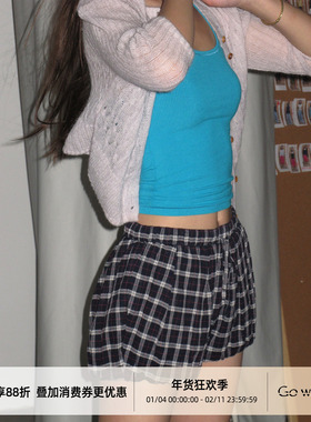 Gowireless 纯棉色织蓝白格子透气裸感松紧腰抽绳防透光花苞短裤