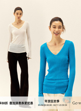 Gowireless  双色镂空V领针织修身舒适休闲随性长袖针织衫