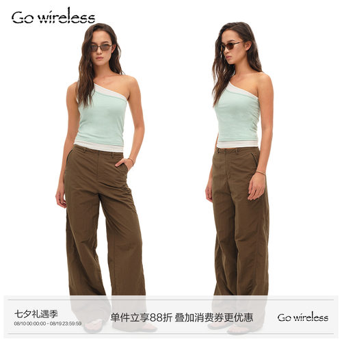 Gowireless  棉麻呼吸 三色 单肩 假两件背心吊带短款撞色上衣