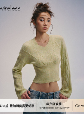 Gowireless 羊毛彩纱混纺 定纺纹路 提花收腰V领套头短款针织毛衣