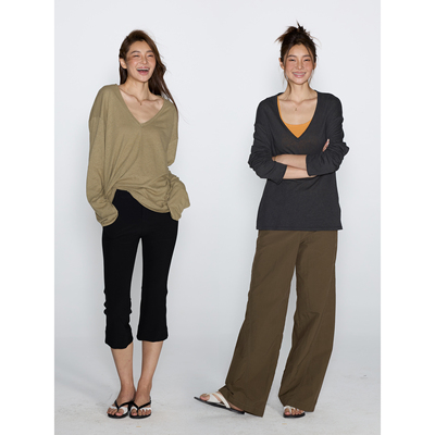 V领亚麻宽松基础慵懒休闲长袖T恤