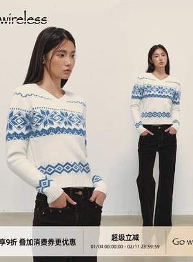 Gowireless 羊毛混纺 费尔岛花色正肩嵌花氛围套头V领针织毛衣