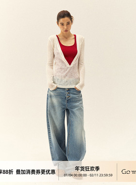 Gowireless早秋舒适百搭仿麻感上衣肌理感V领正肩透气长袖T恤罩衫