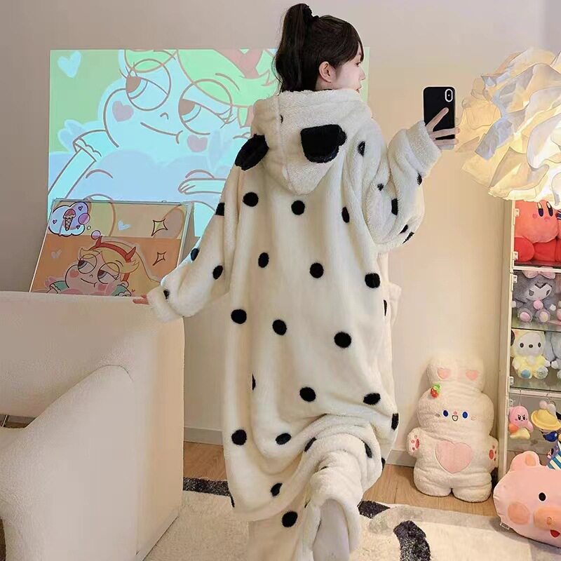 波点睡袍睡衣女秋冬新款