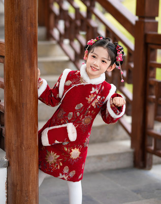 拜年女童汉服冬款加绒加厚中国过年唐装儿童旗袍女宝连衣裙新年