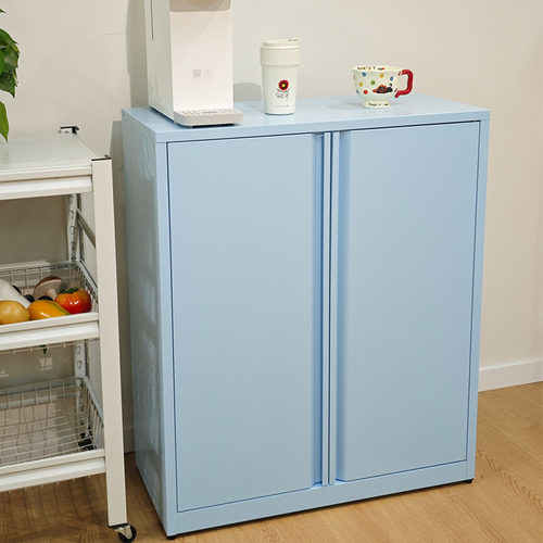 多巴胺蓝色铁皮对开门收纳储物柜客厅餐厅卧室大容量多层置物架子