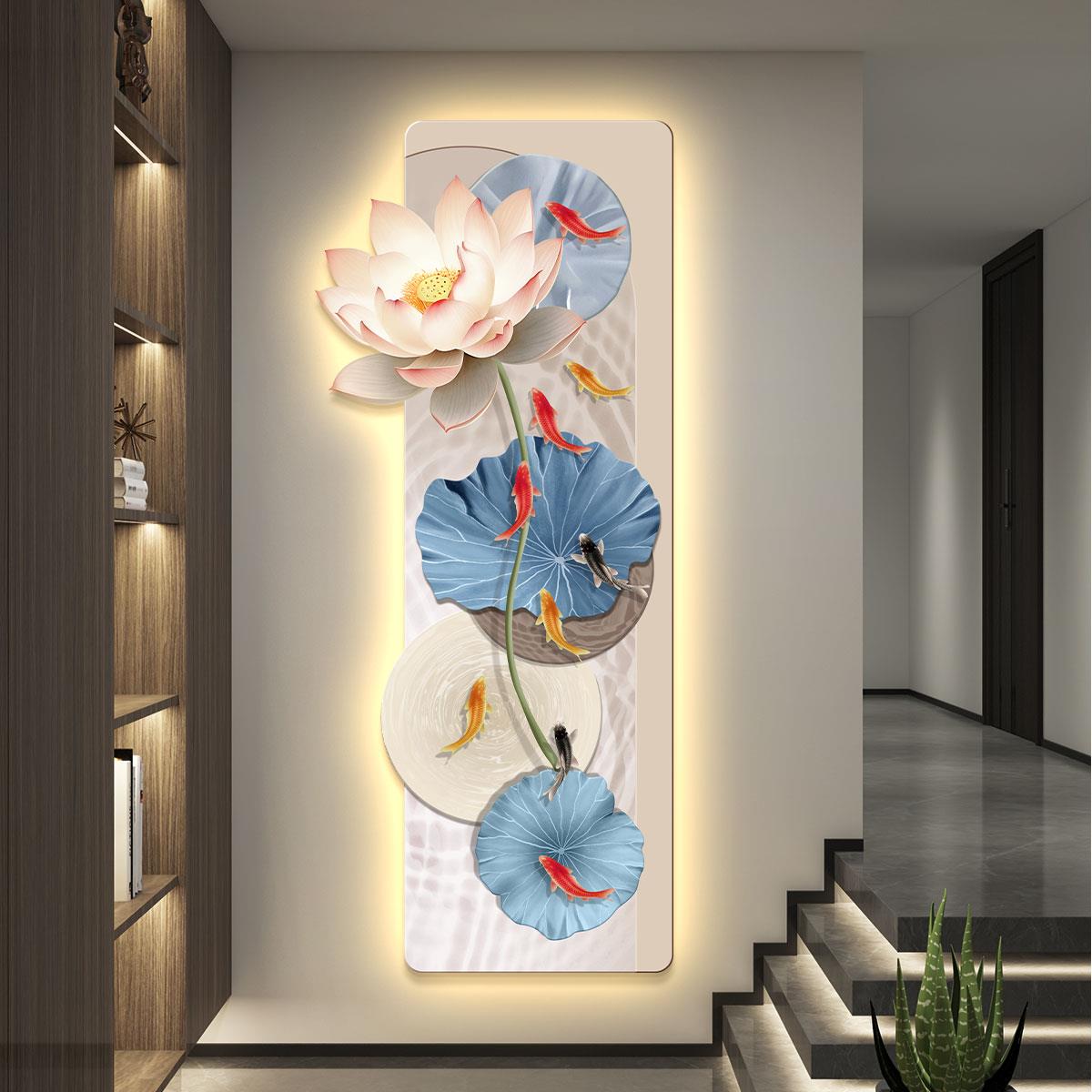 led带灯轻奢入户玄关装饰画走廊过道挂画壁画简约现代九鱼图荷花图片