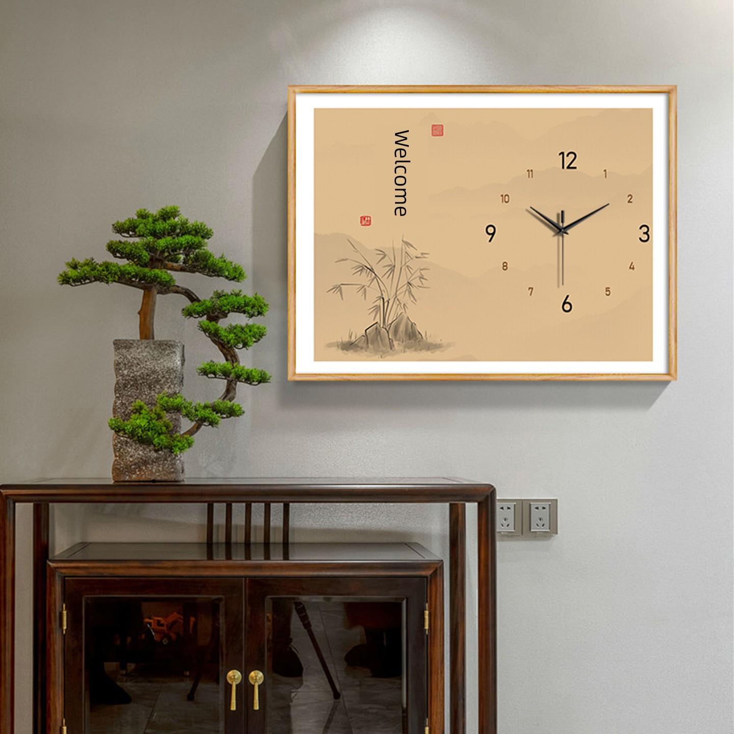 2025新新中国风表箱挡钟装饰画配电箱空开关正门实木挂画