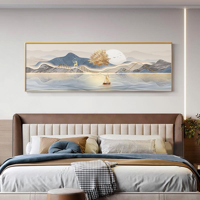 现代轻奢卧室装饰画招财麋鹿客厅背景墙壁画背靠金山主卧床头挂画图片