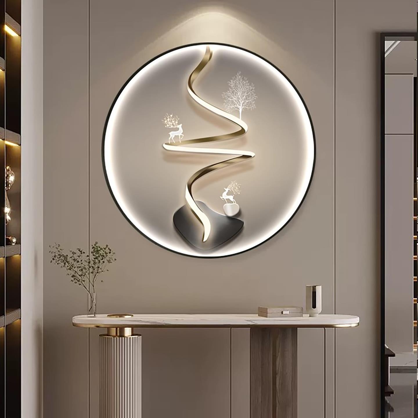 现代轻奢LED灯玄关装饰画圆形客厅入户走廊过道画招财鹿石来运转图片