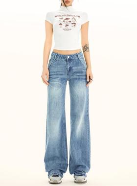 ZAVK2024秋冬新品美式复古低腰垂感宽松微喇牛仔裤女百搭显瘦长裤